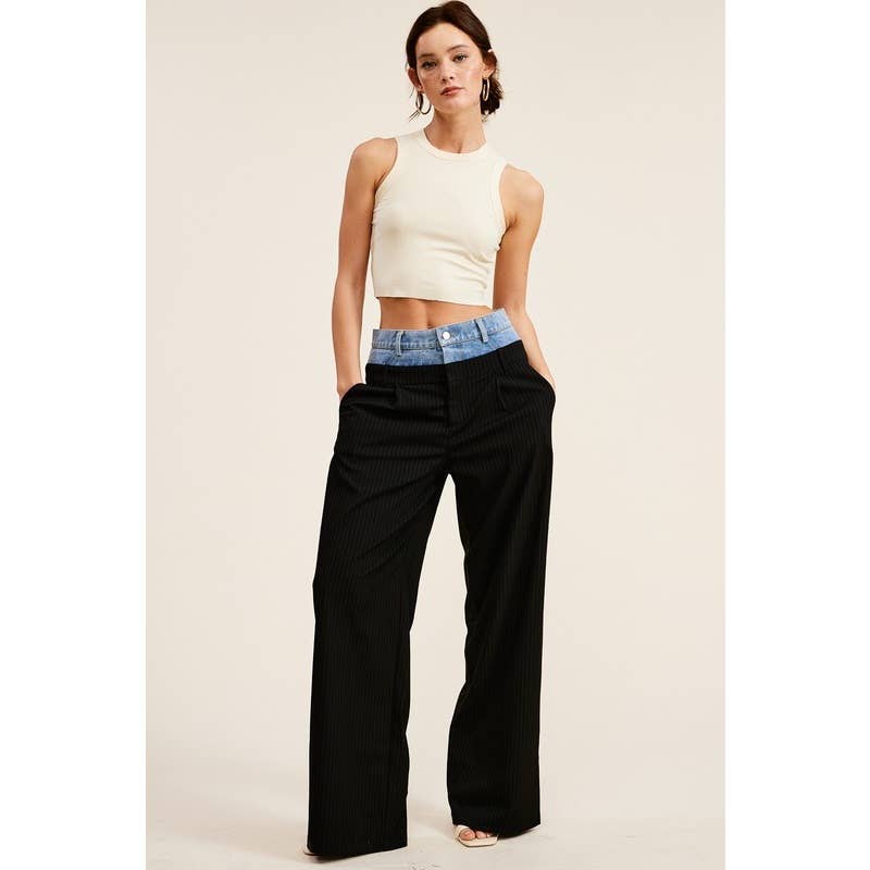 Denim Waistband Contrast Pinstripe Wide Leg