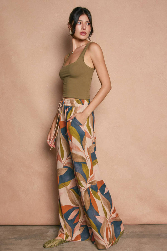 Tropical Leaf Wide Leg Pull On Pants