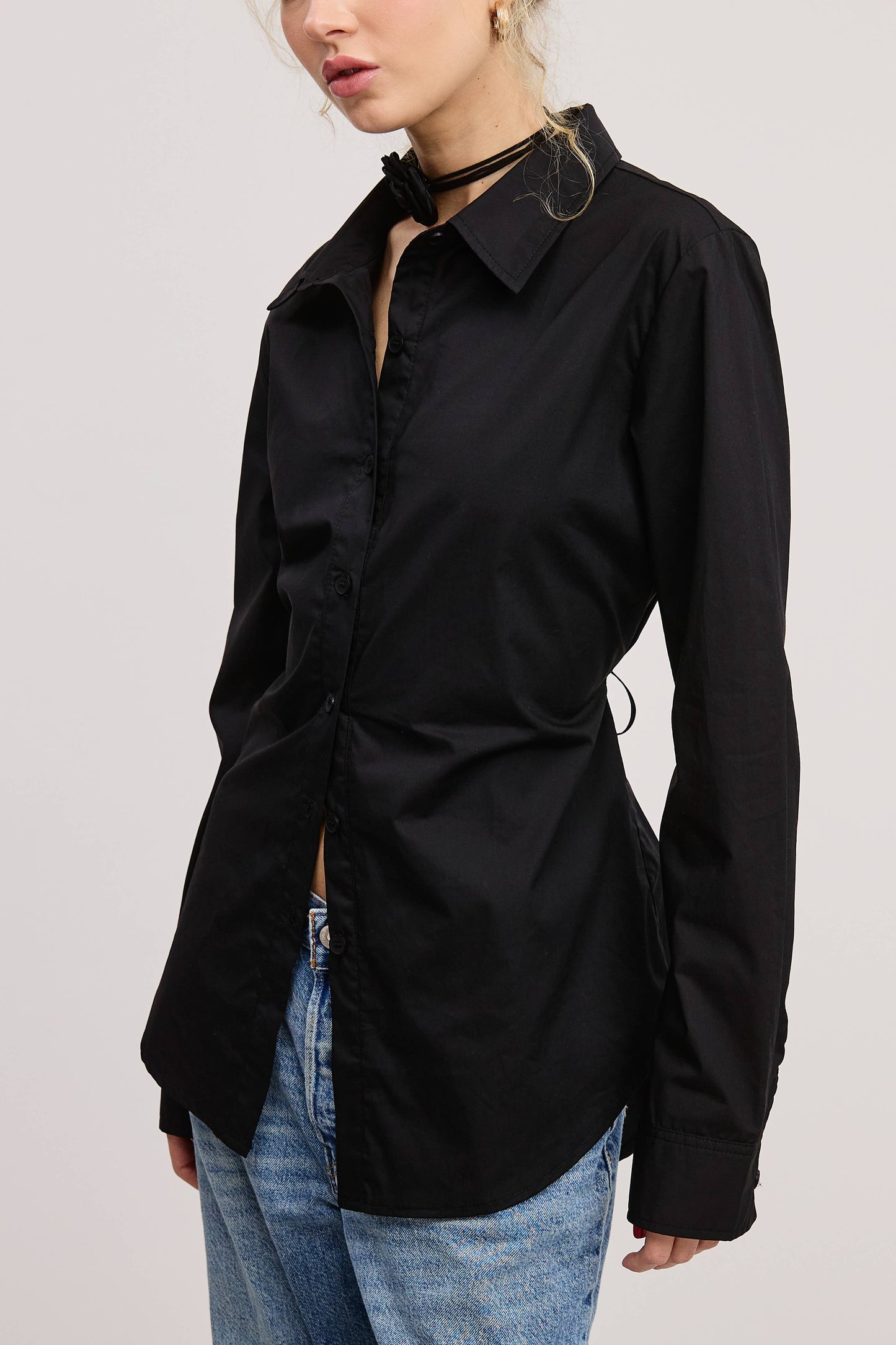 Fitted Collared Shirt Blouse with Back Self-Tie