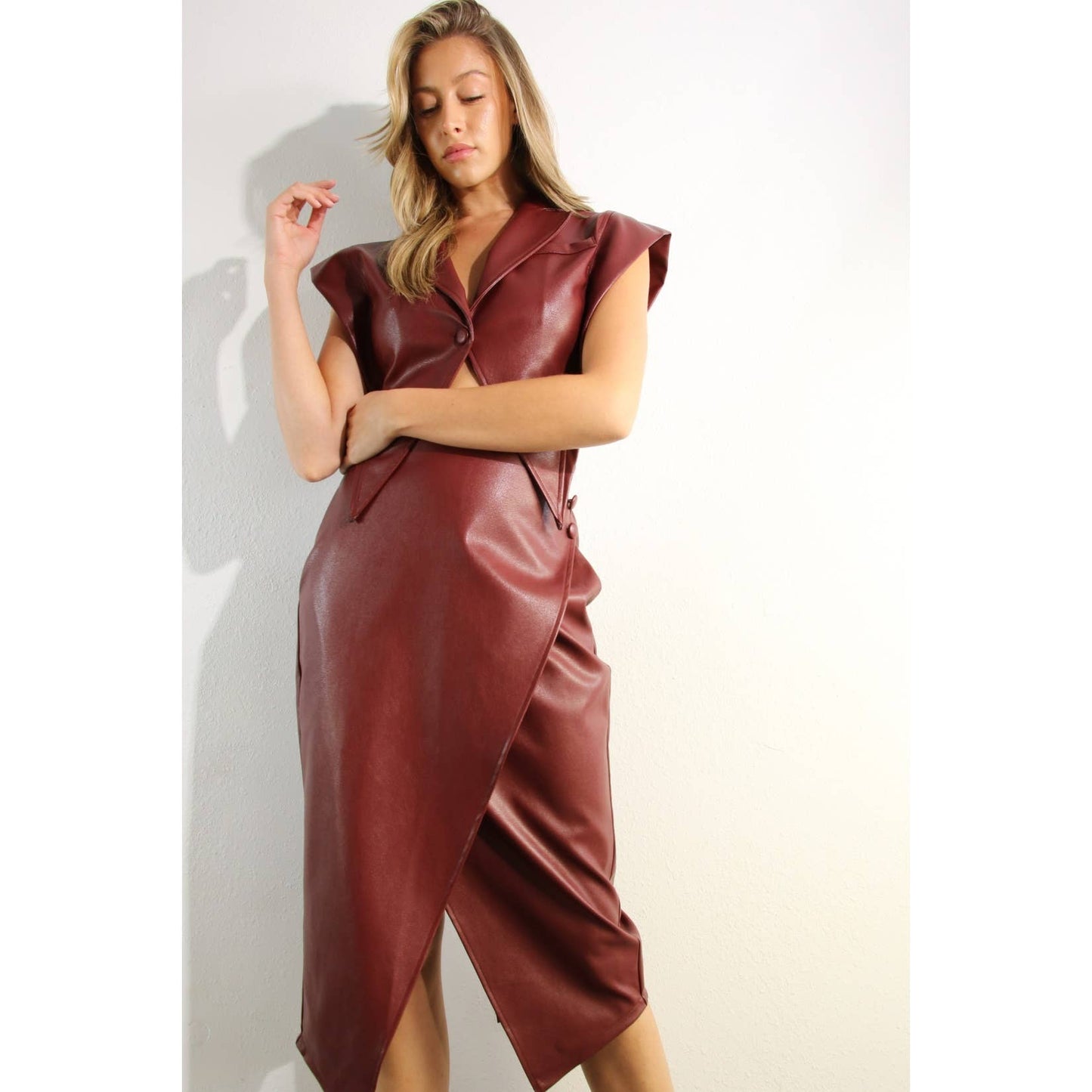 FAUX LEATHER VEST JACKET AND SKIRT SET