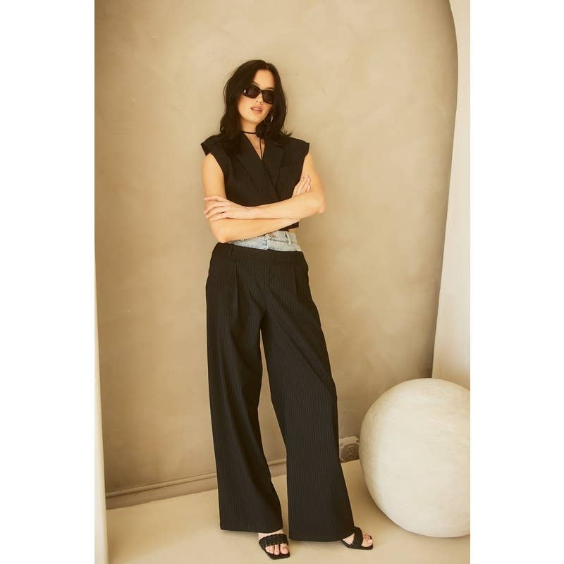 Denim Waistband Contrast Pinstripe Wide Leg