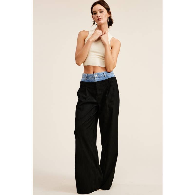 Denim Waistband Contrast Pinstripe Wide Leg