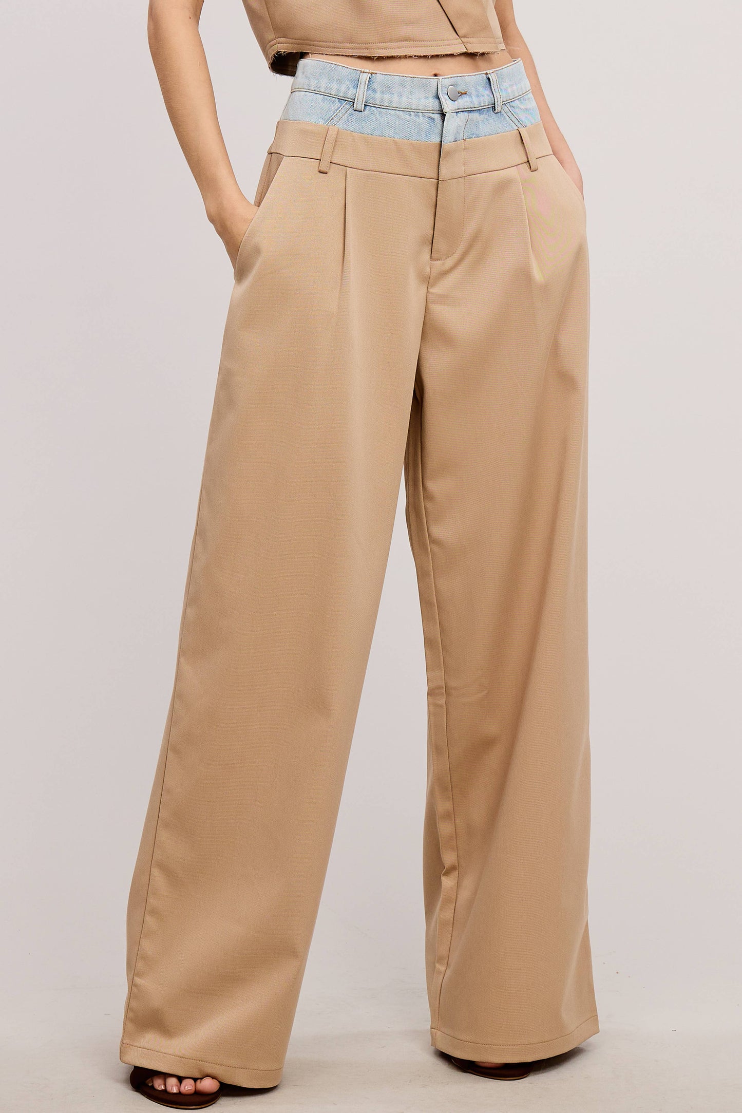 Contrast Denim Waistband Wide Leg Trousers