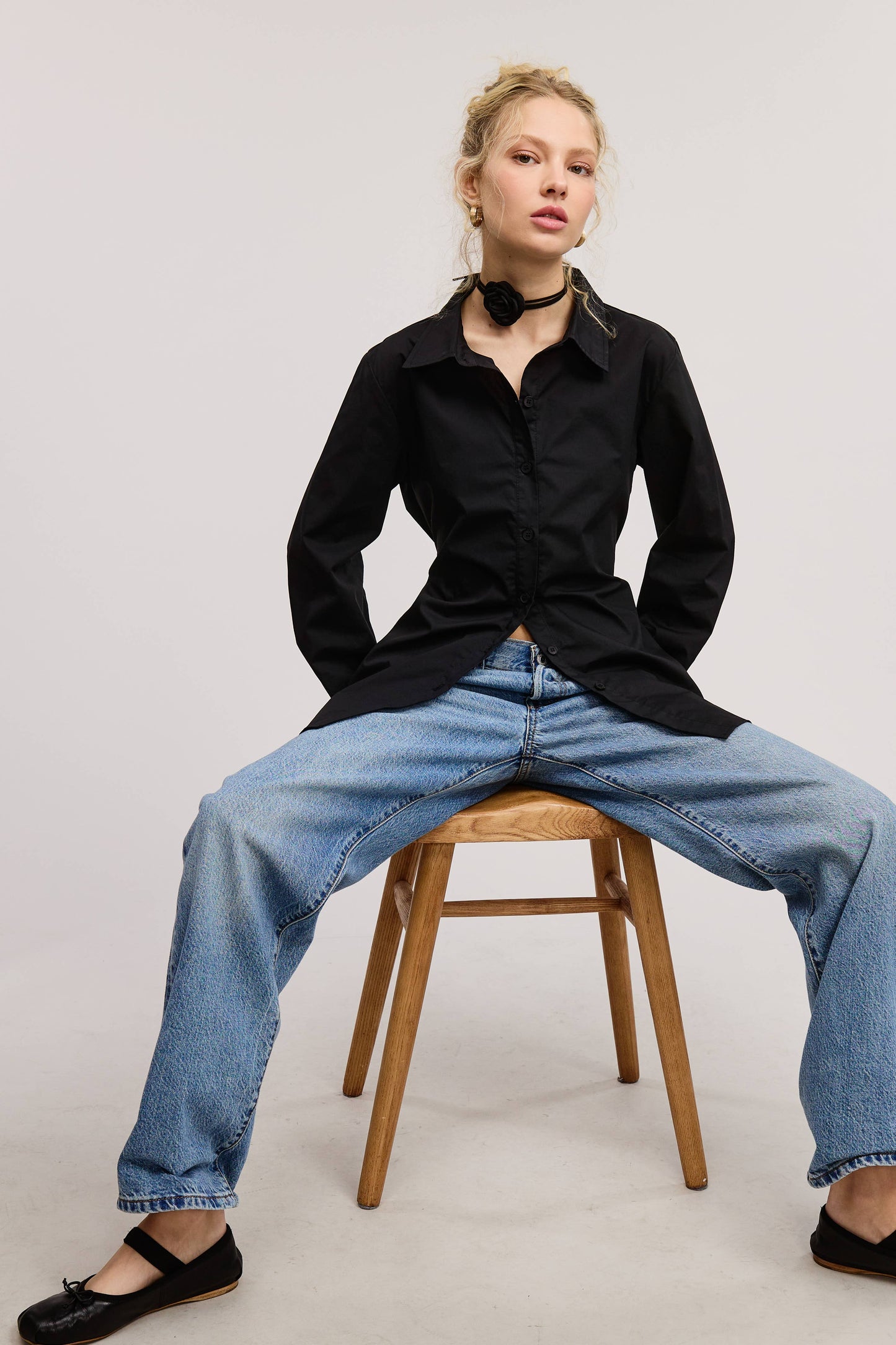 Fitted Collared Shirt Blouse with Back Self-Tie