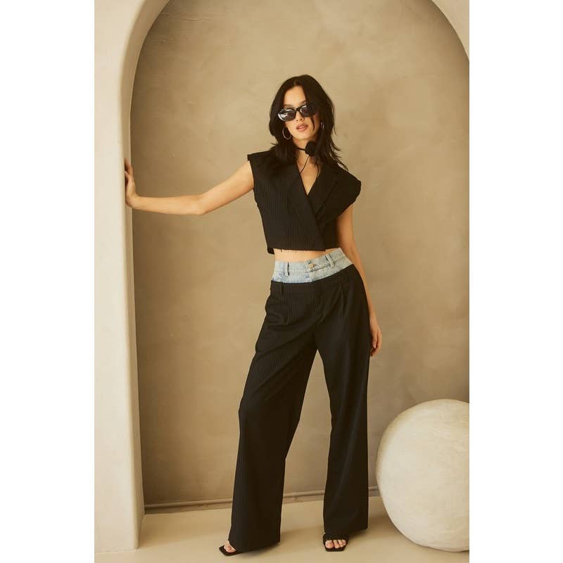 Denim Waistband Contrast Pinstripe Wide Leg