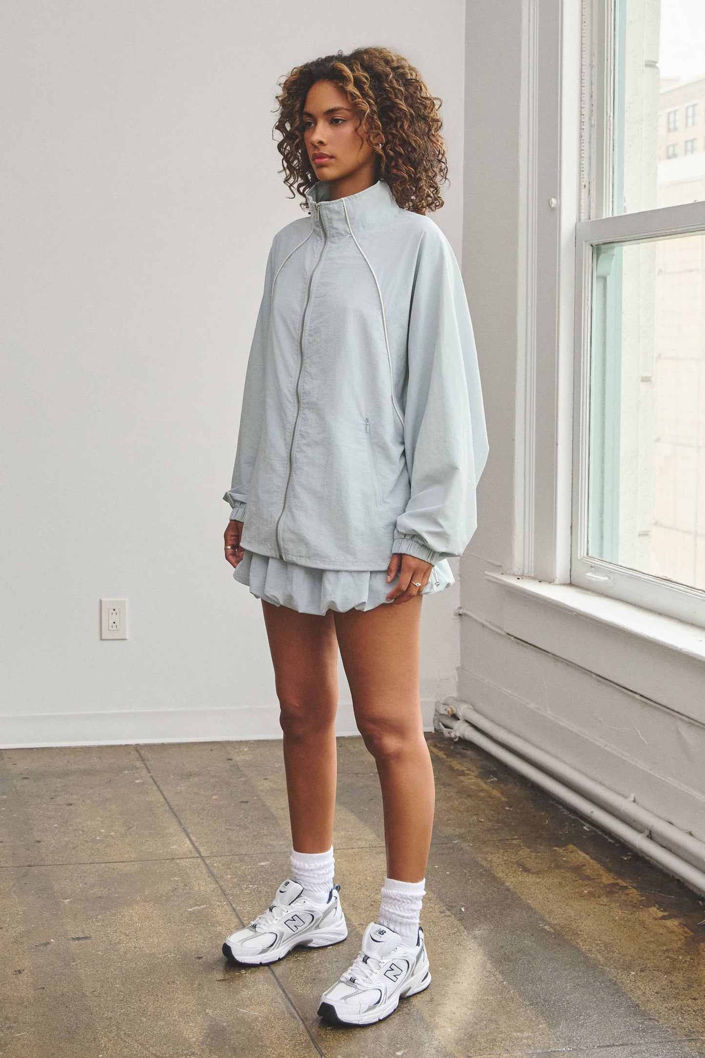 Oversize tracksuit jacket w/ bubble mini skort set