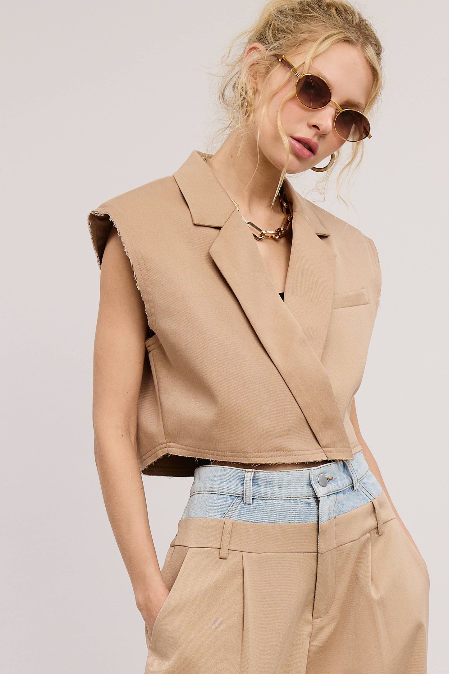 Cropped Collared Vest with Raw Hem