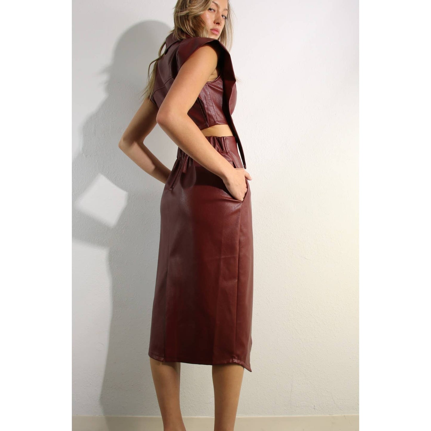 FAUX LEATHER VEST JACKET AND SKIRT SET