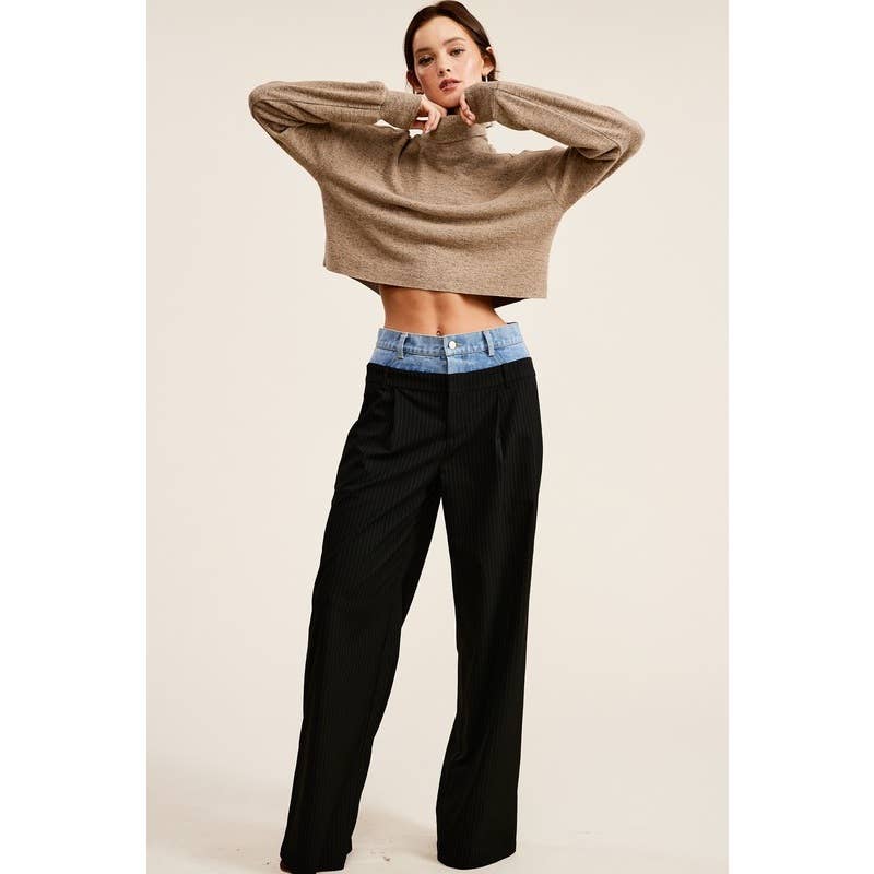 Denim Waistband Contrast Pinstripe Wide Leg