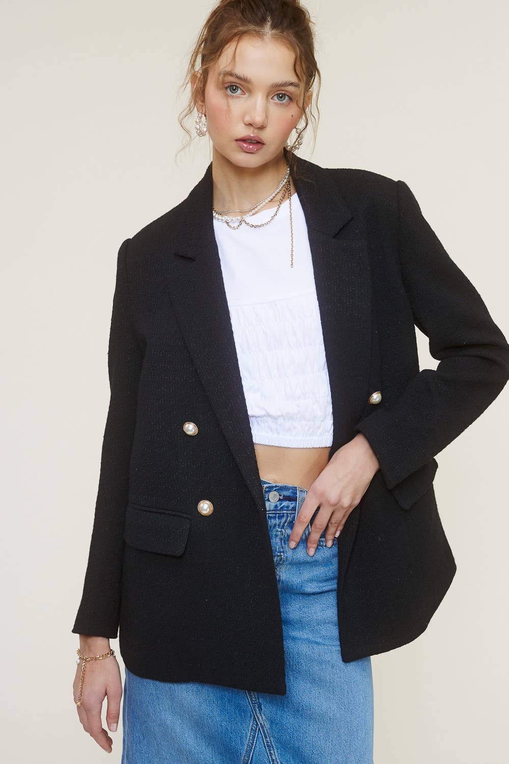 Tweed Blazer Jacket with Faux Pearl Button
