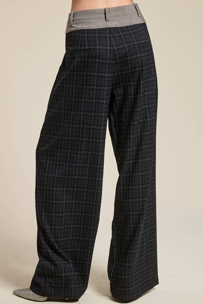 Plaid Pleated Trousers with Corduroy Waistband