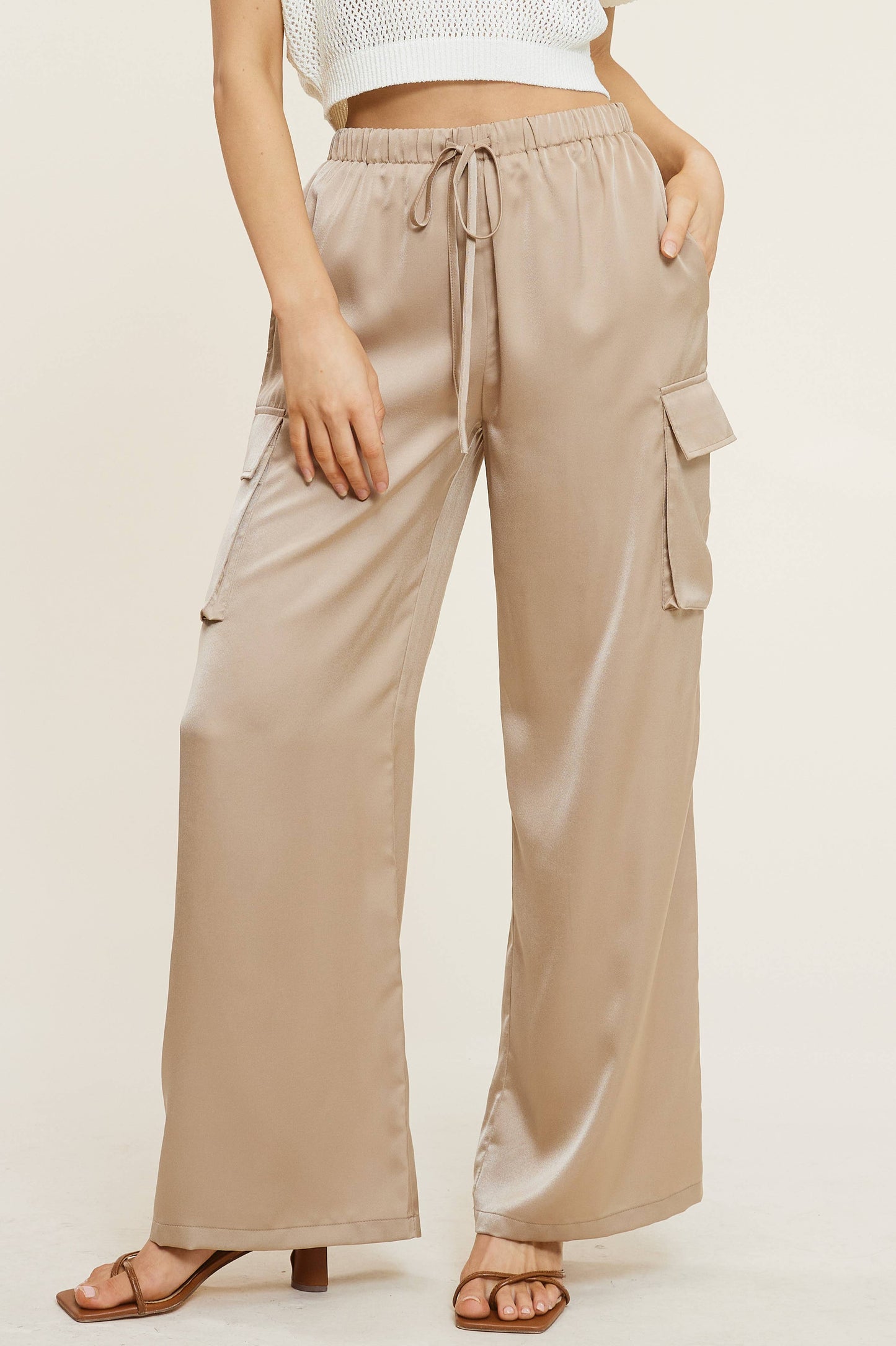 Satin Cargo Wide-Leg Pants