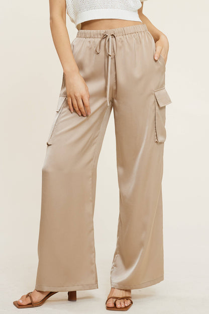 Satin Cargo Wide-Leg Pants