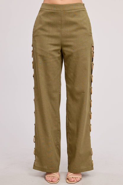 Linen Wide Leg Pants with Wooden Ring Accents