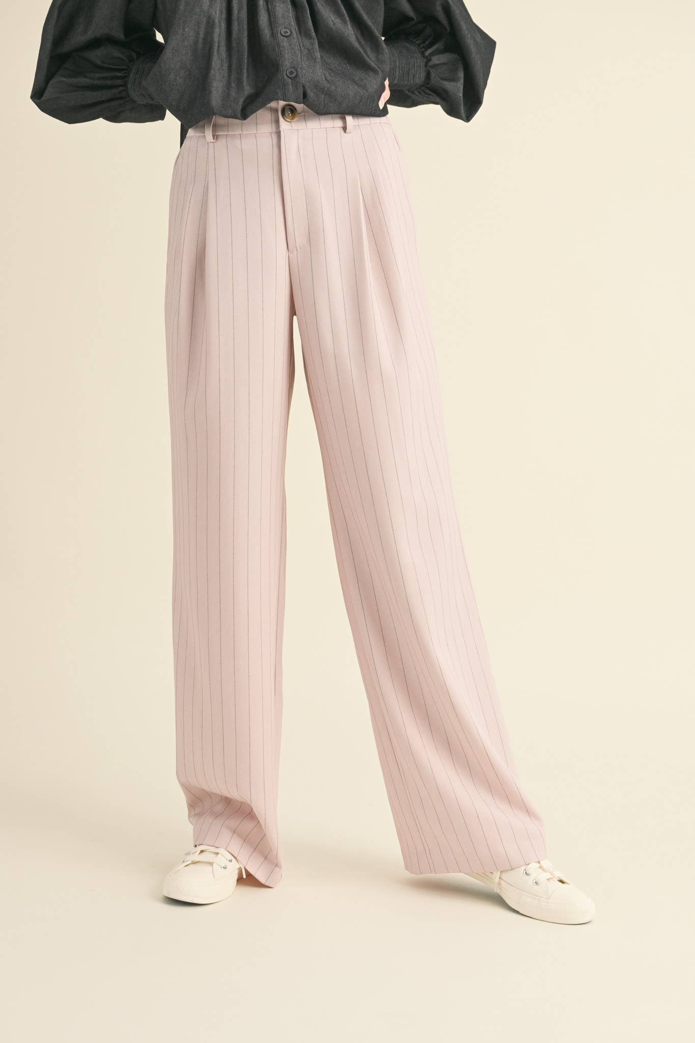 Wide Leg Pinstripe Trousers in Soft Pink