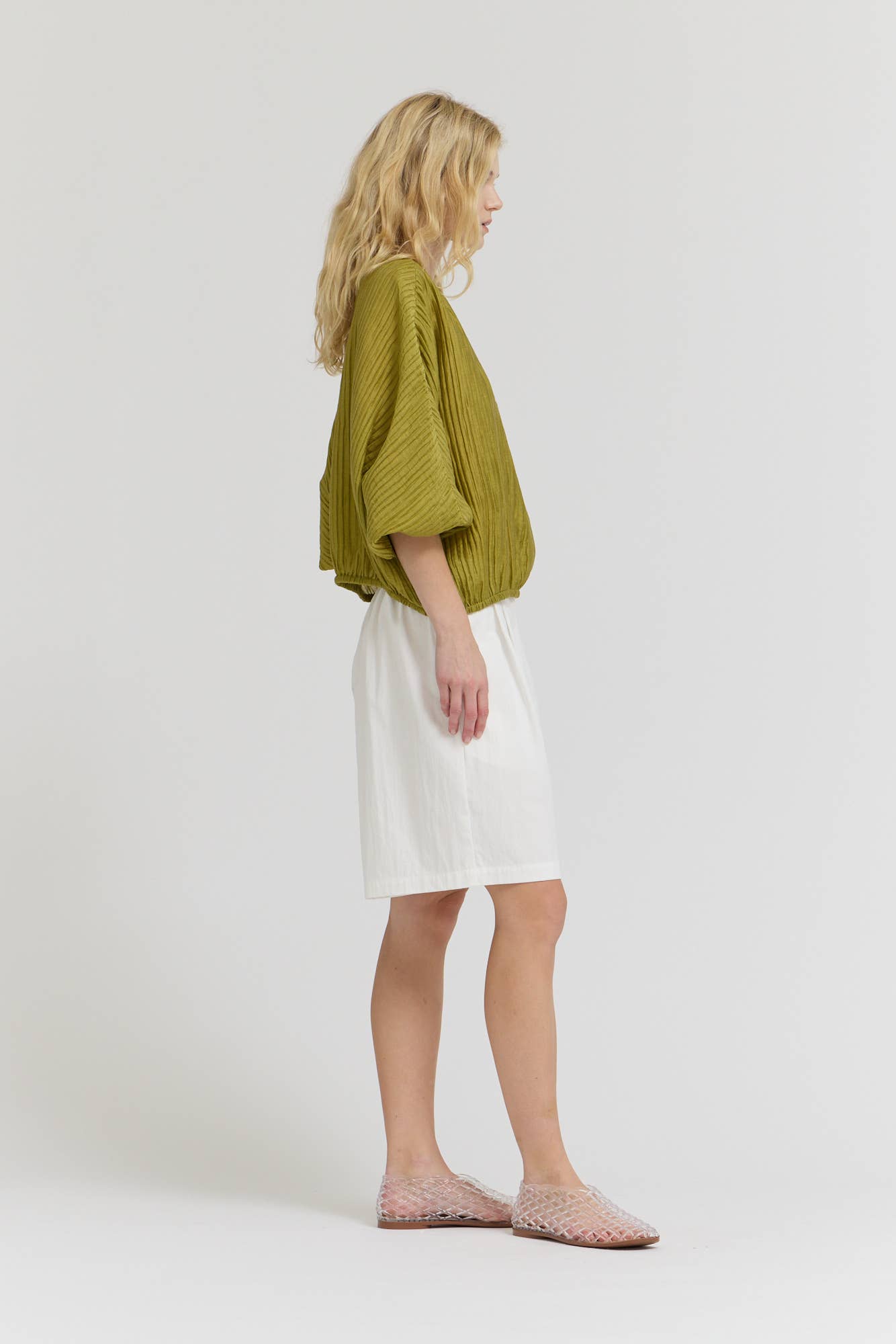 SHIRRED SLEEVE TENCEL BLOUSE