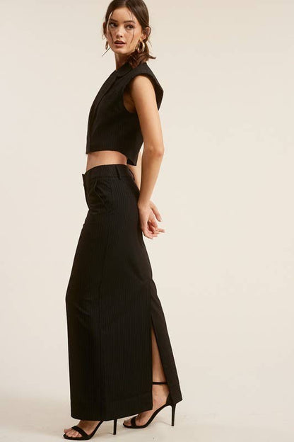 Classic Pinstriped Slim-Fit Maxi Skirt with Back Slit