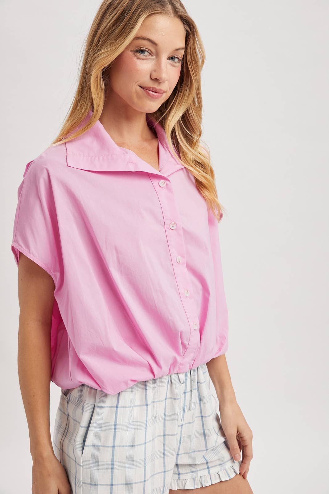 Bubble Hem Button-Up Blouse