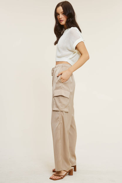 Satin Cargo Wide-Leg Pants