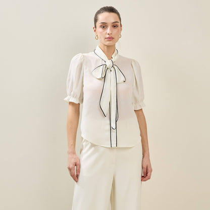 Contrast Trim Bow Tie Blouse