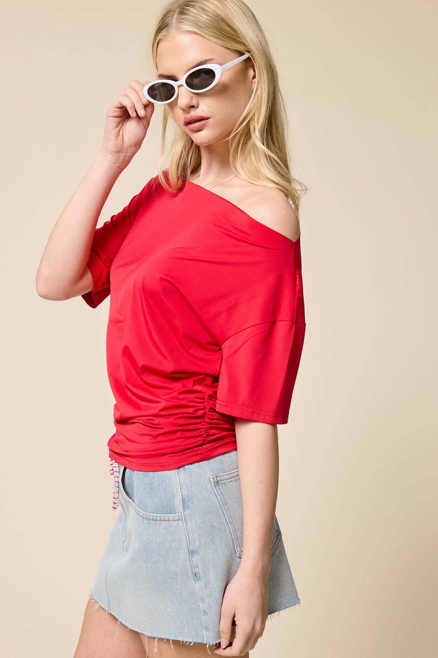 Ruched One Shoulder Short Sleeve Top