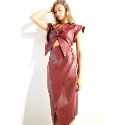 FAUX LEATHER VEST JACKET AND SKIRT SET