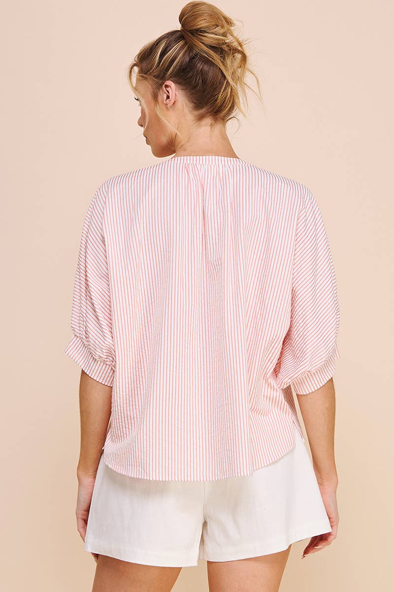 Pink Pinstripe Seersucker Dolman Blouse
