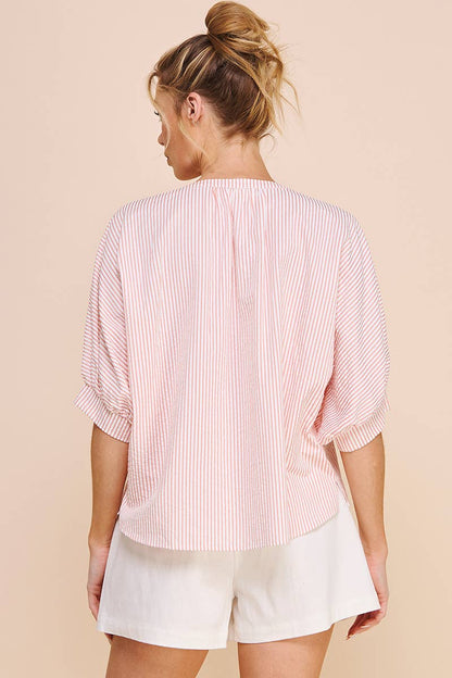 Pink Pinstripe Seersucker Dolman Blouse