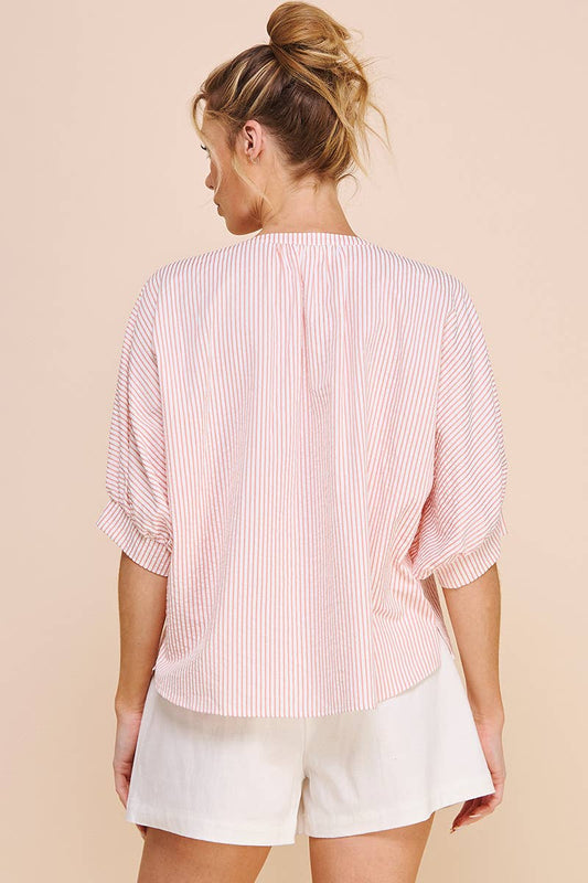 Pink Pinstripe Seersucker Dolman Blouse