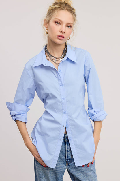 Fitted Collared Shirt Blouse with Back Self-Tie