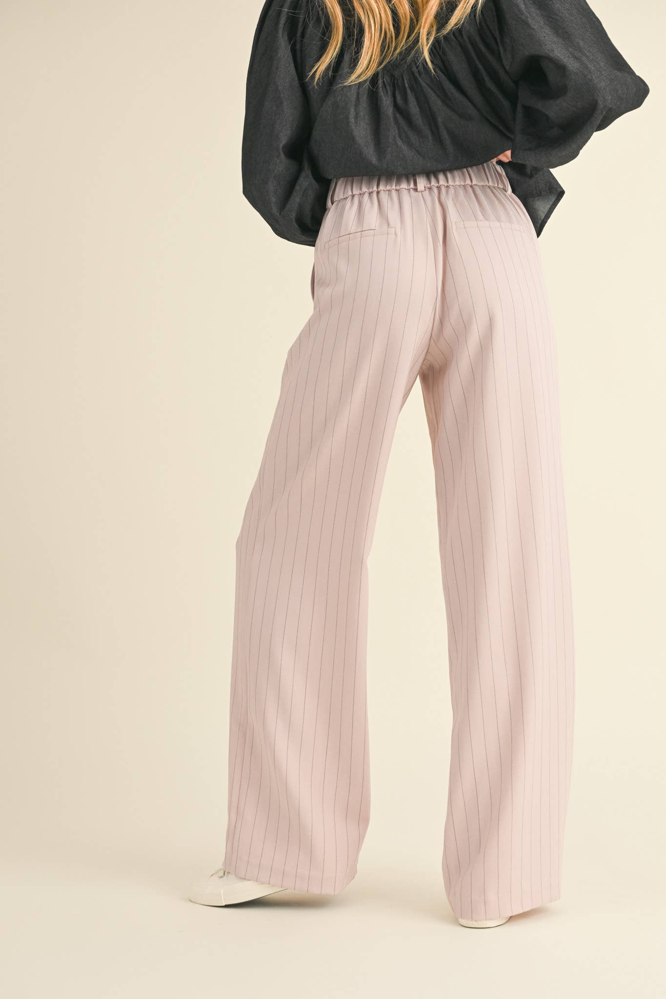 Wide Leg Pinstripe Trousers in Soft Pink