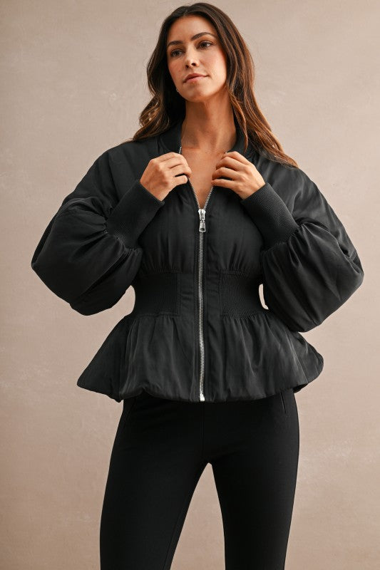 Smocked Waist Bomber Jacket