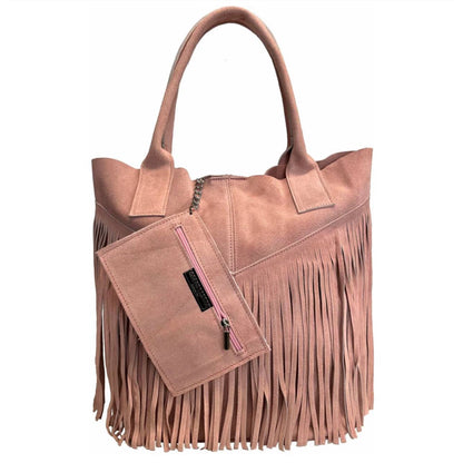 Suede Shopper Handbag in genuine suede with fringe