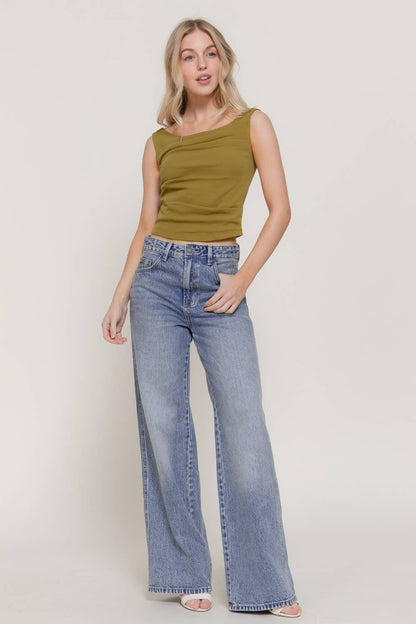 Sleeveless Wide Boat Neck Draped Knit Top
