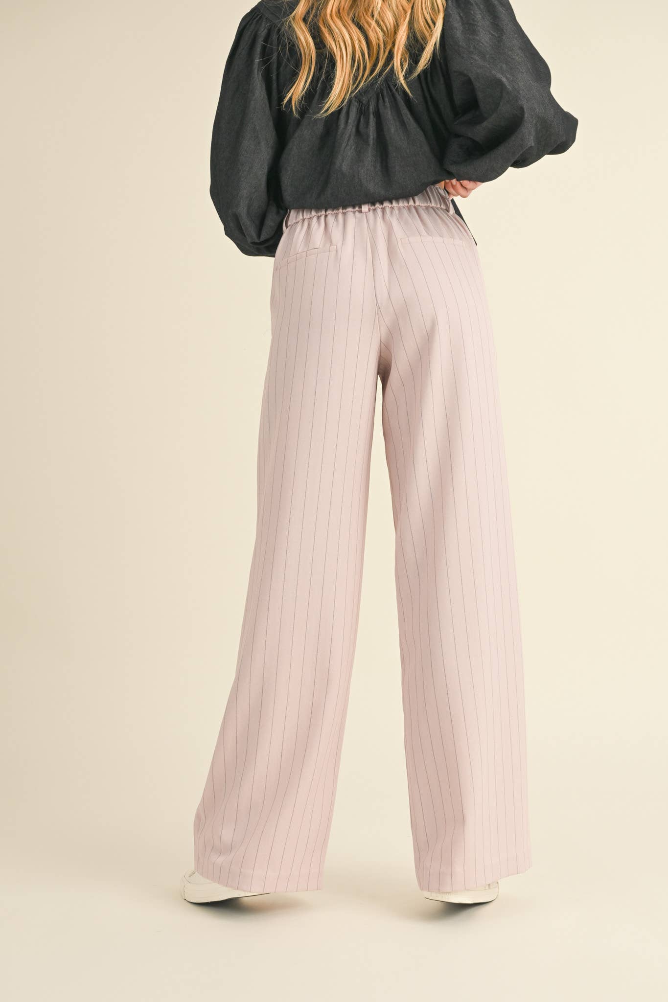 Wide Leg Pinstripe Trousers in Soft Pink