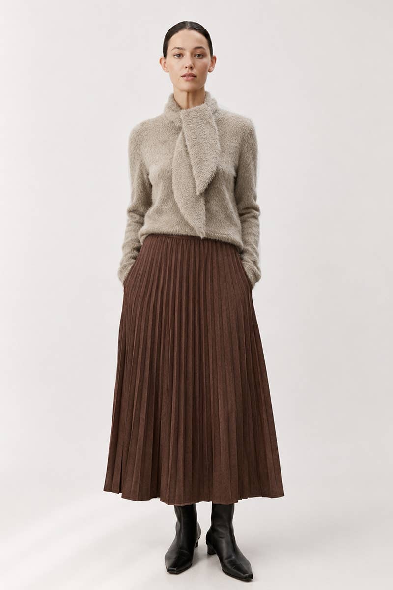 BRUSHED EFFECT PLEATED MIDI SKIRT