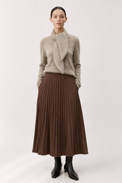 BRUSHED EFFECT PLEATED MIDI SKIRT