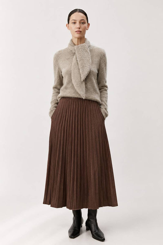 BRUSHED EFFECT PLEATED MIDI SKIRT