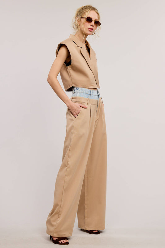 Contrast Denim Waistband Wide Leg Trousers