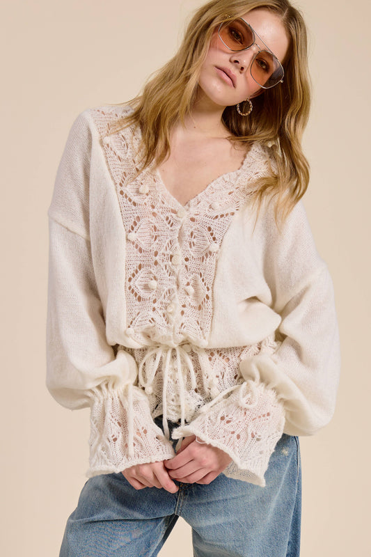 Crochet Lace Trim V Neck Knit Top