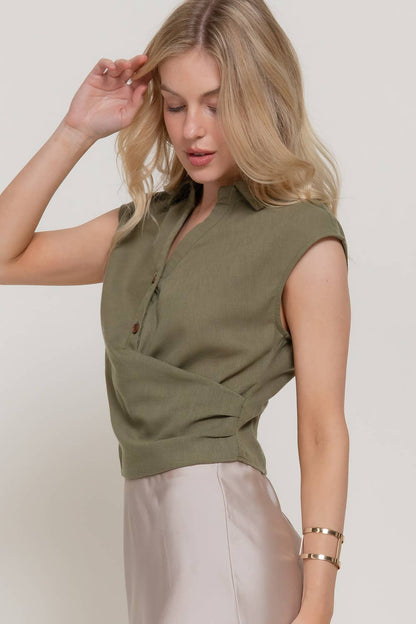 V-Neck Crossover Pleated Linen Top