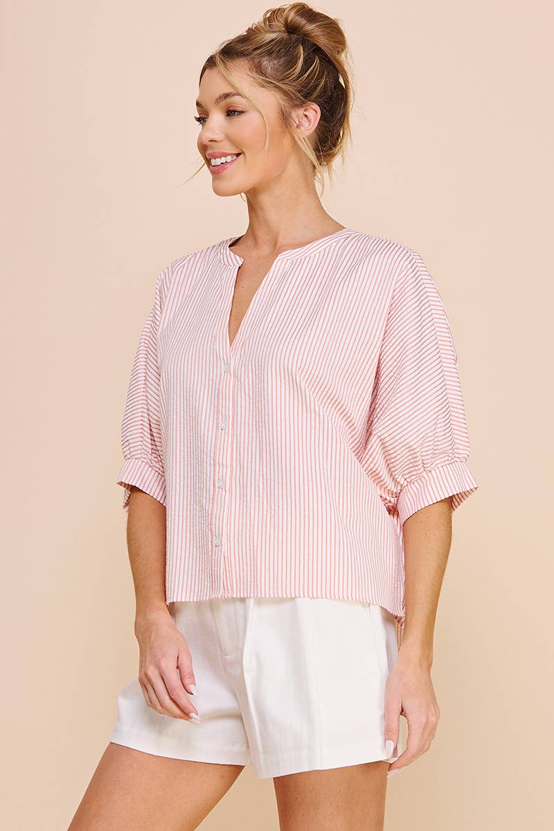 Pink Pinstripe Seersucker Dolman Blouse