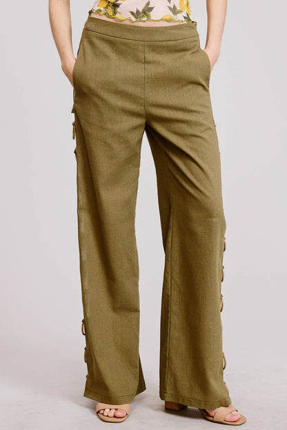 Linen Wide Leg Pants with Wooden Ring Accents