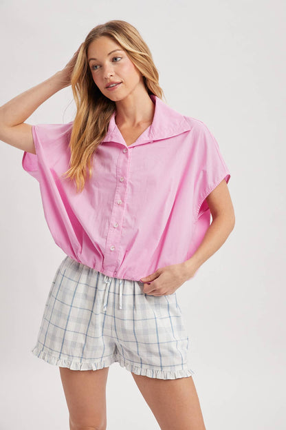 Bubble Hem Button-Up Blouse