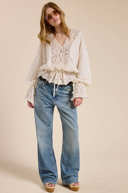 Crochet Lace Trim V Neck Knit Top