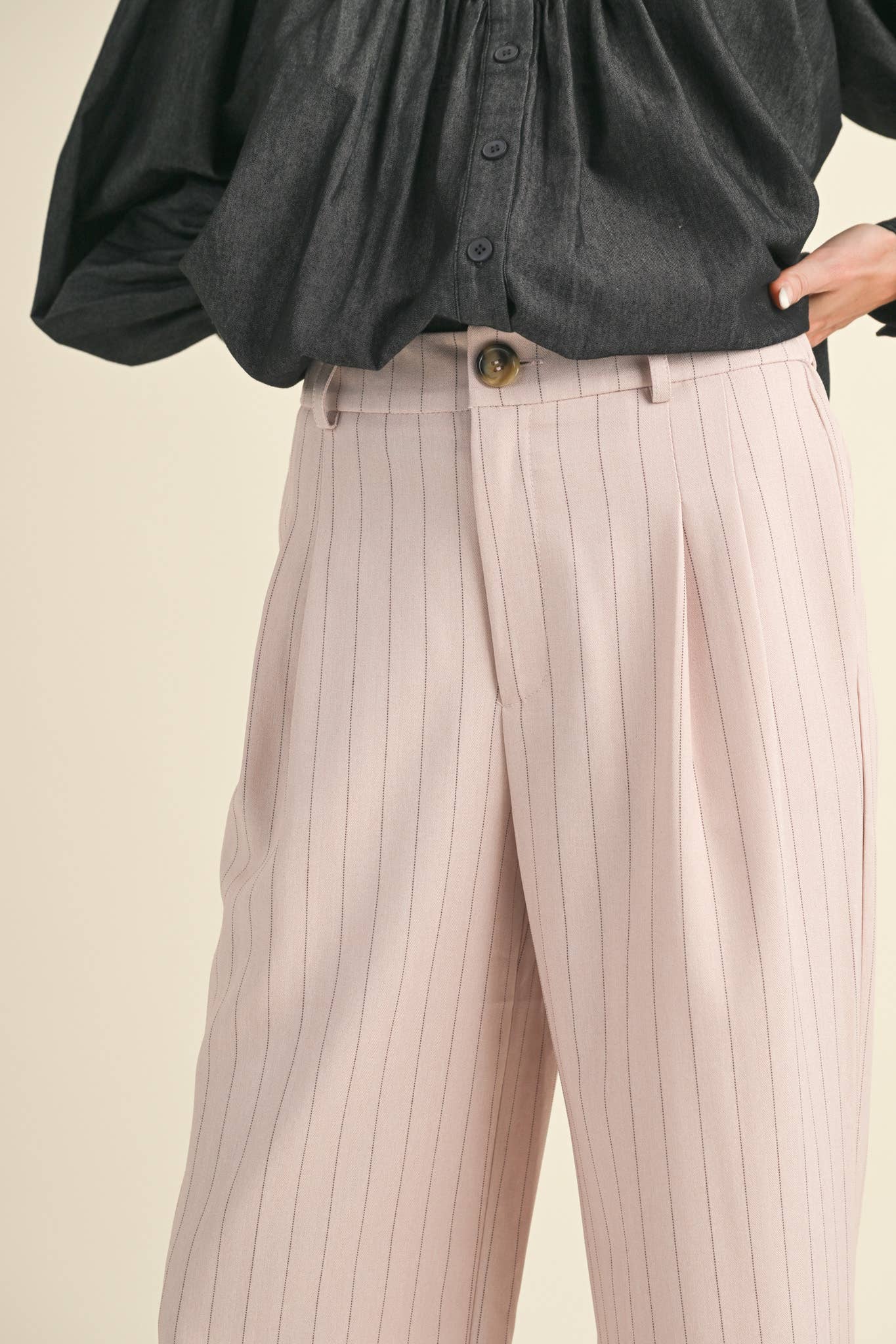 Wide Leg Pinstripe Trousers in Soft Pink