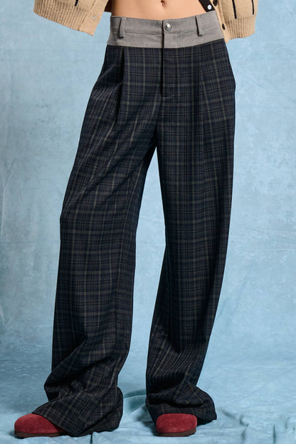 Plaid Pleated Trousers with Corduroy Waistband