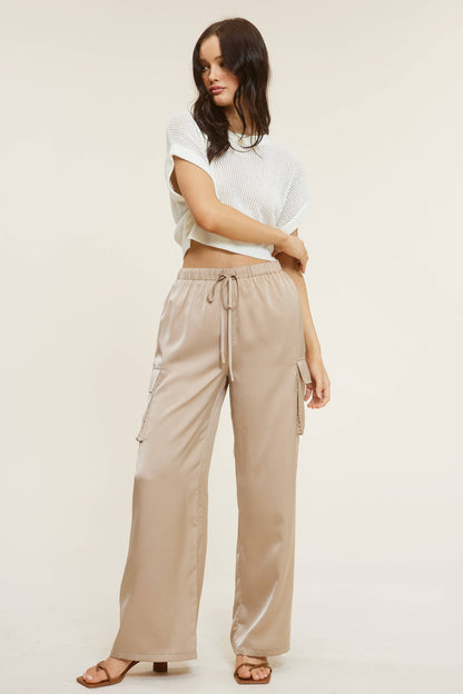 Satin Cargo Wide-Leg Pants