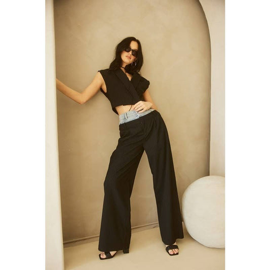 Denim Waistband Contrast Pinstripe Wide Leg