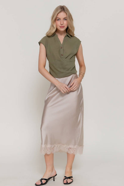 V-Neck Crossover Pleated Linen Top